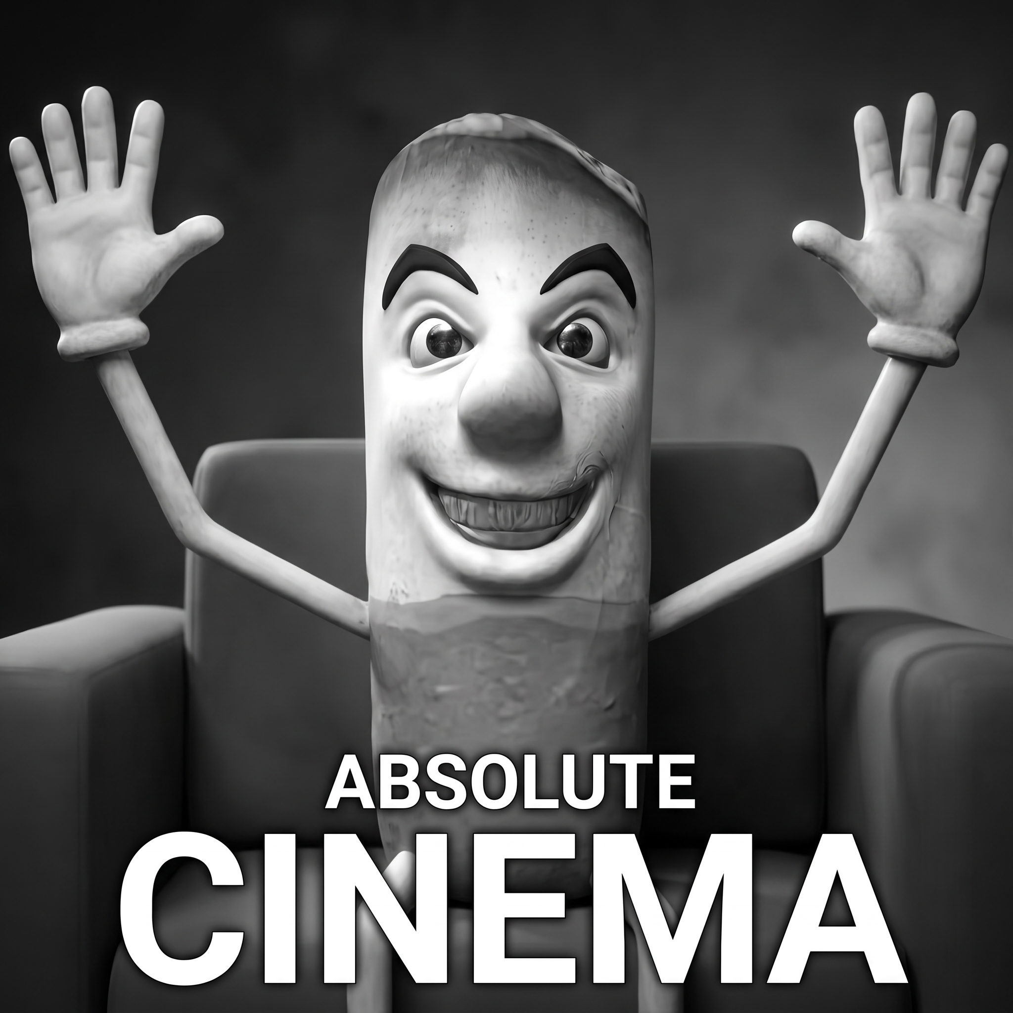 The mascot throwing both arms up from a movie theater seat, captioned below in bold letters 'ABSOLUTE CINEMA.'