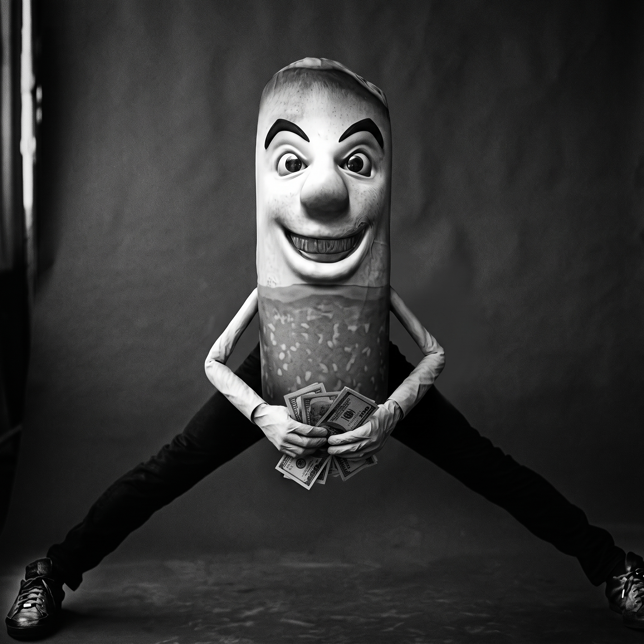 The mascot leaping in a mid-air jump split, clutching a fistful of hundred dollar bills.
