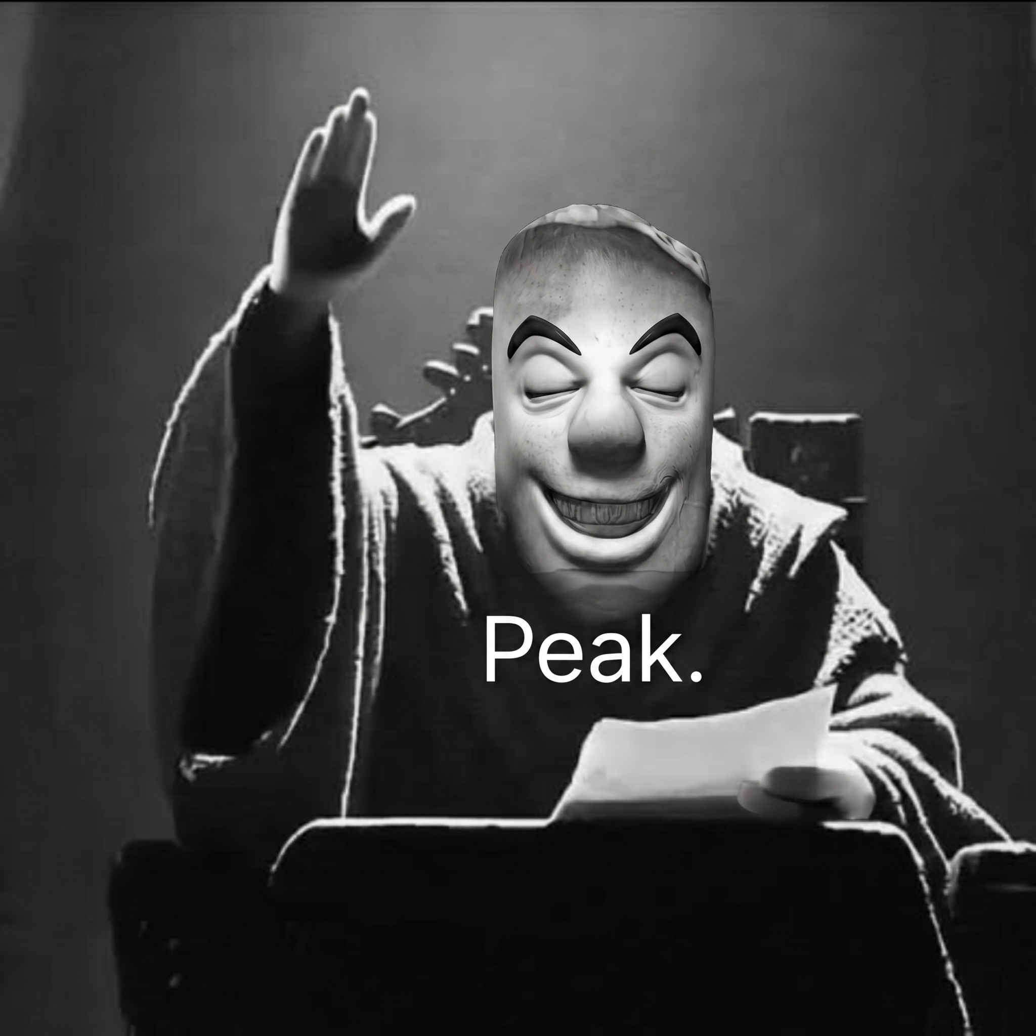 The mascot's head grafted onto a black-and-white photo of a robed figure swearing an oath, one hand raised, the word 'Peak.' captioned over the chest.