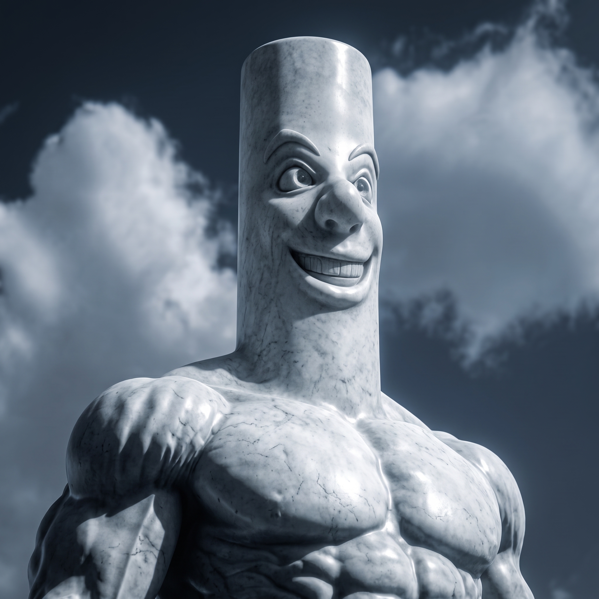 The mascot's head on a hulking marble statue's muscular torso, shot from below against a stormy sky.